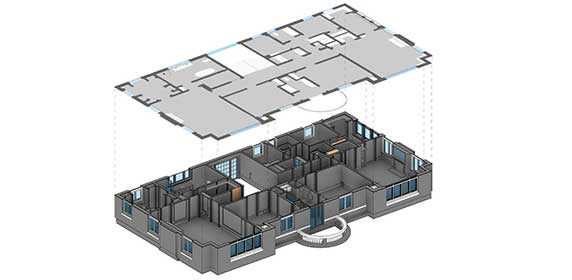 Point cloud to CAD conversion showing 2D floor plan and 3D model deliverables